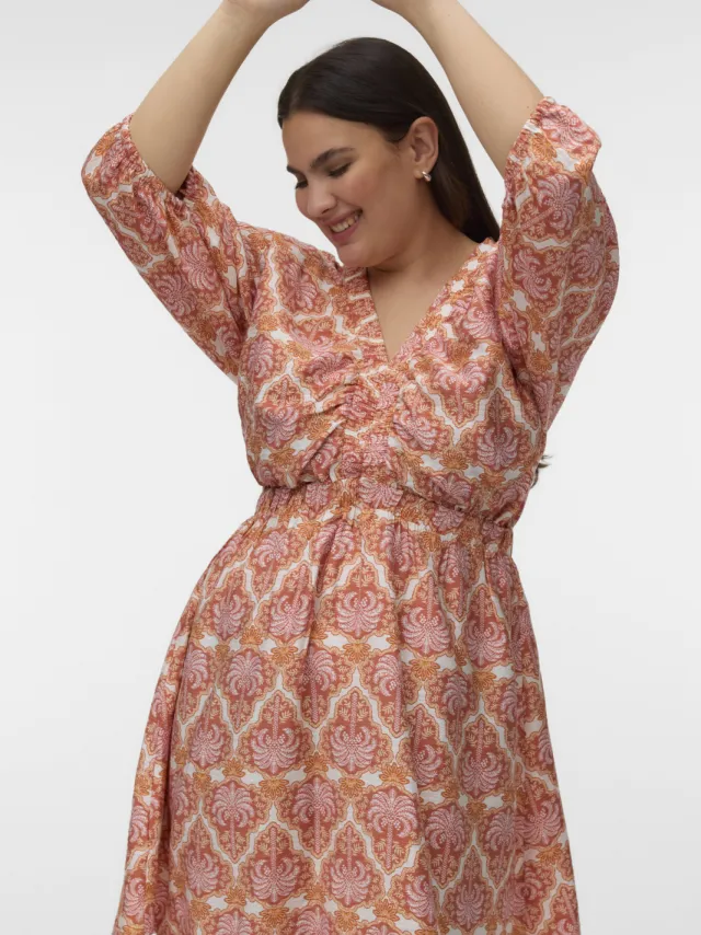 Vero Moda CURVE mini jurk met print - oranje Oranje/lichtroze/wit
