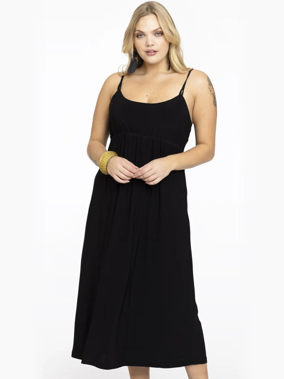 Yoek Dress spaghetti elastic waist | Zwart