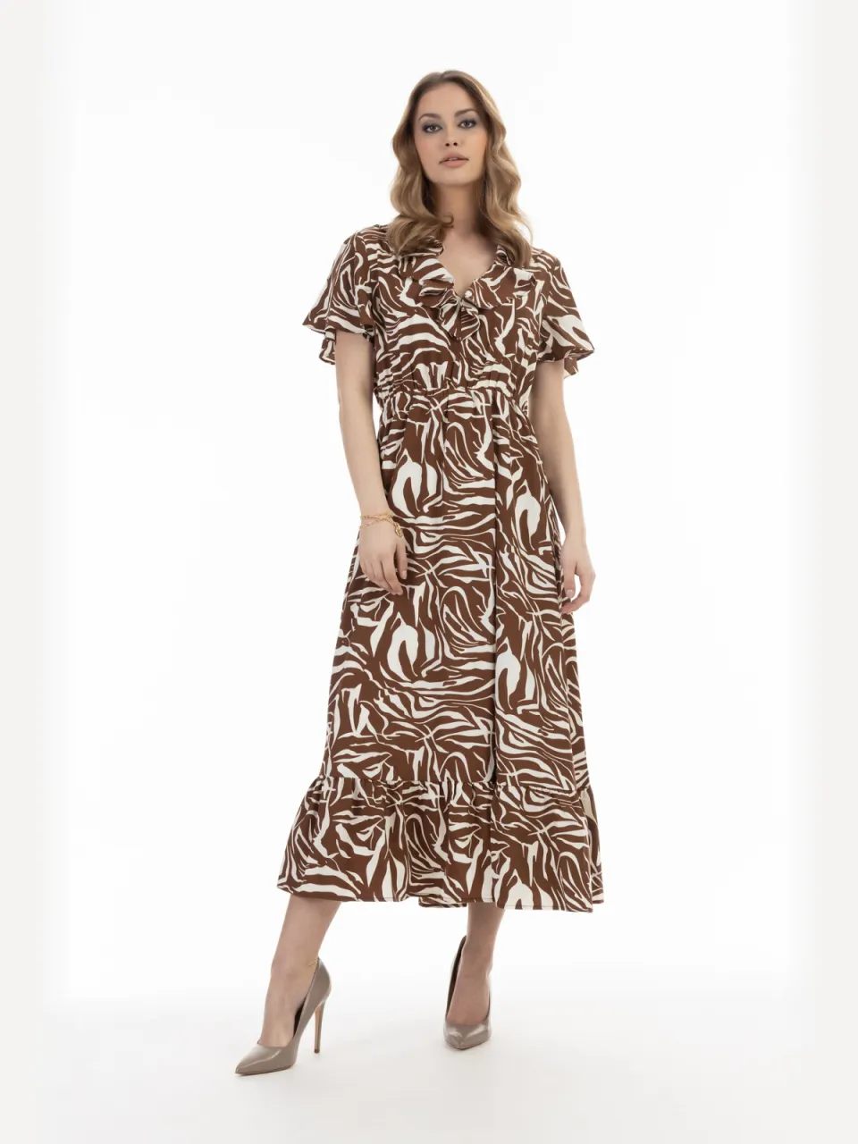 Faina Jurk - zebraprint Dames Bruin Wit Bruin/Wit