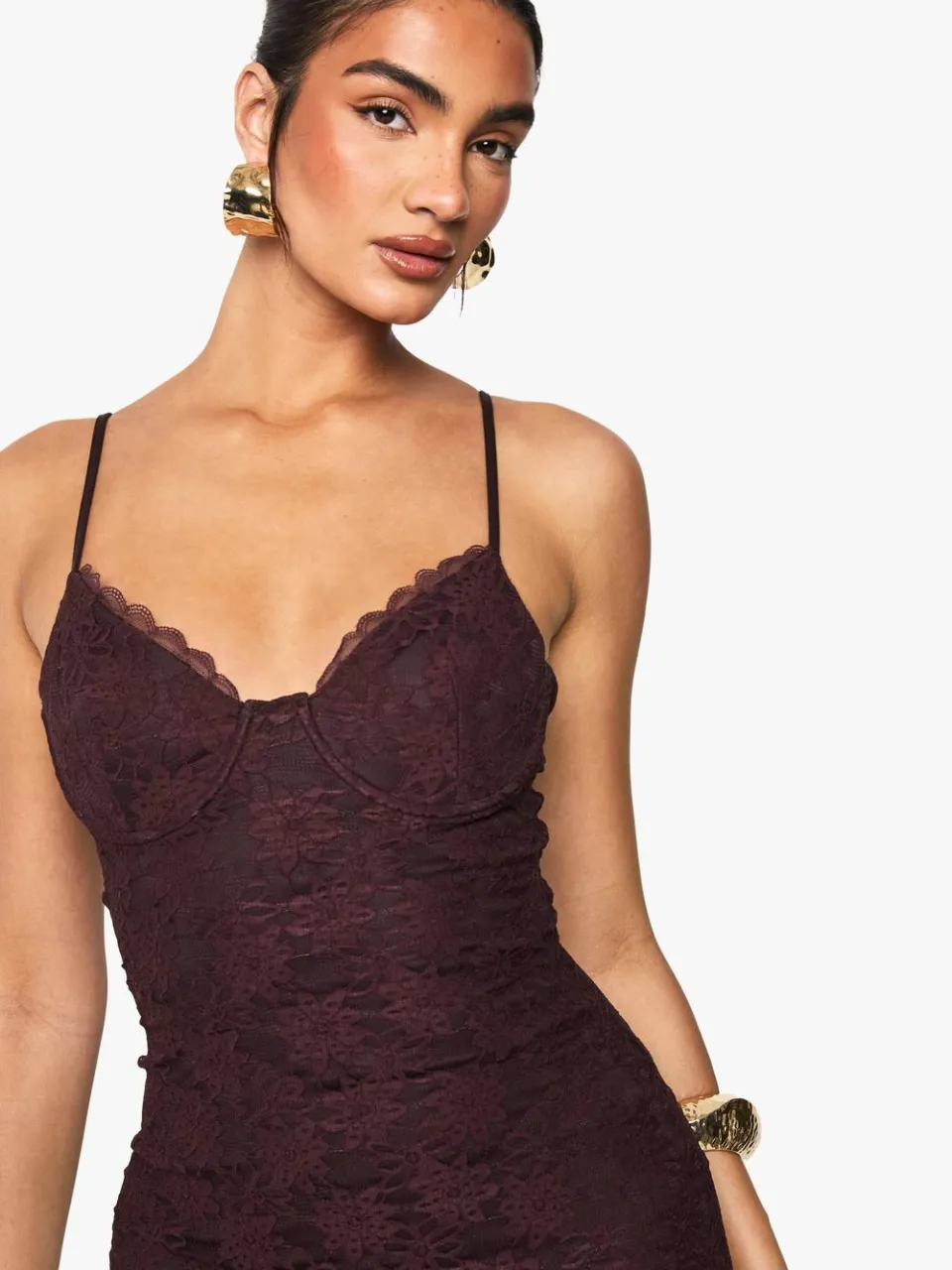 boohoo Dames Kanten bandjes maxi jurk chocoladebruin, foto 3