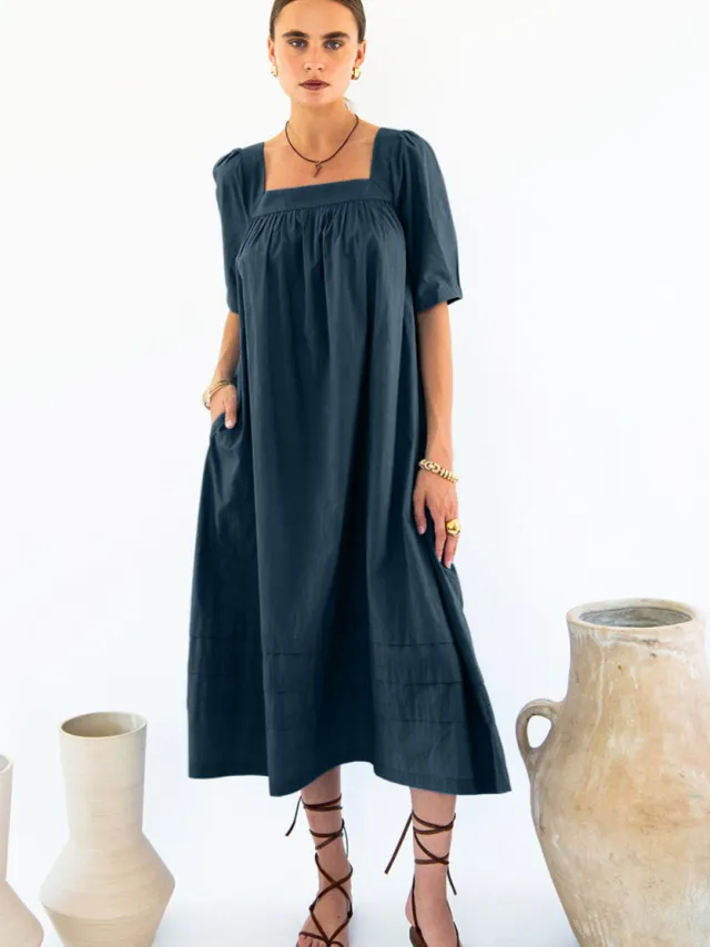 Neu Nomads dames vegan Jurk Elisa Vierkante Hals Midnight Extra donkerblauw