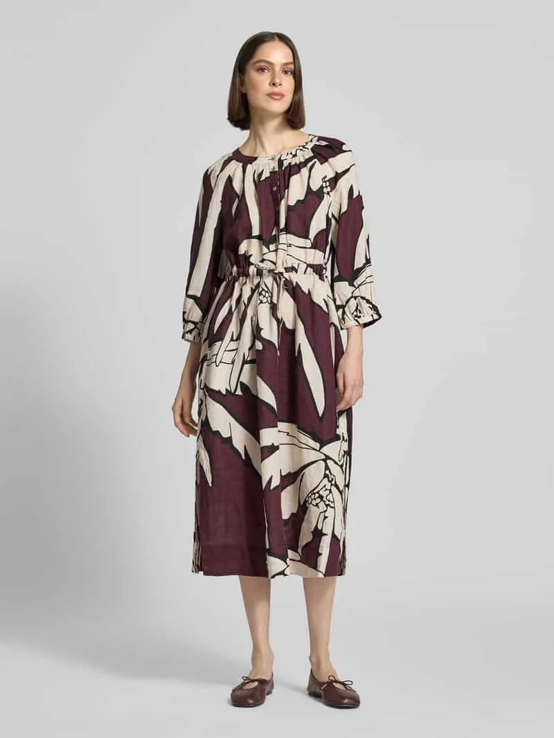 Christian Berg Woman midi-jurk van puur linnen met all-over bloemenmotief Chocoladebruin
