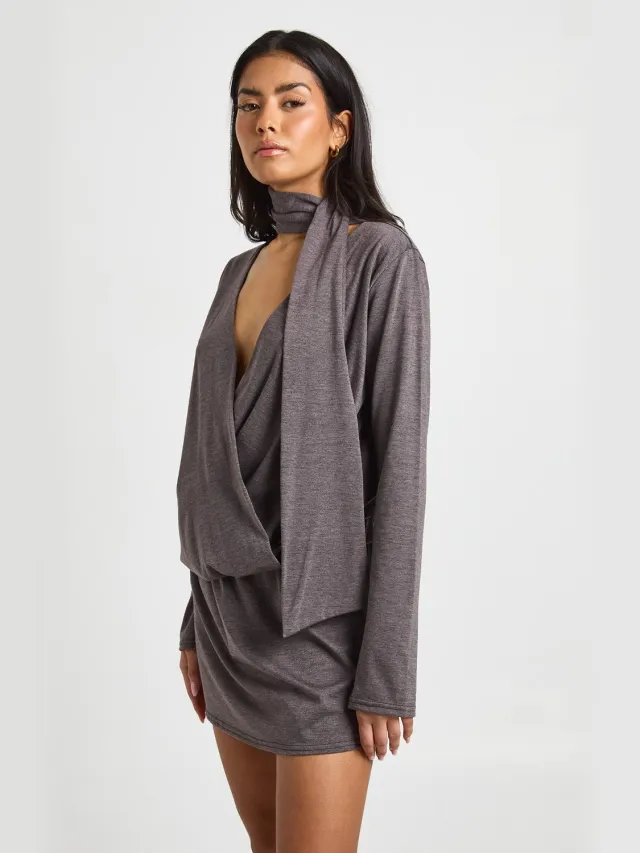 boohoo Dames Marl Sjaal Detail Wikkel Skater Jurk koffie, foto 2