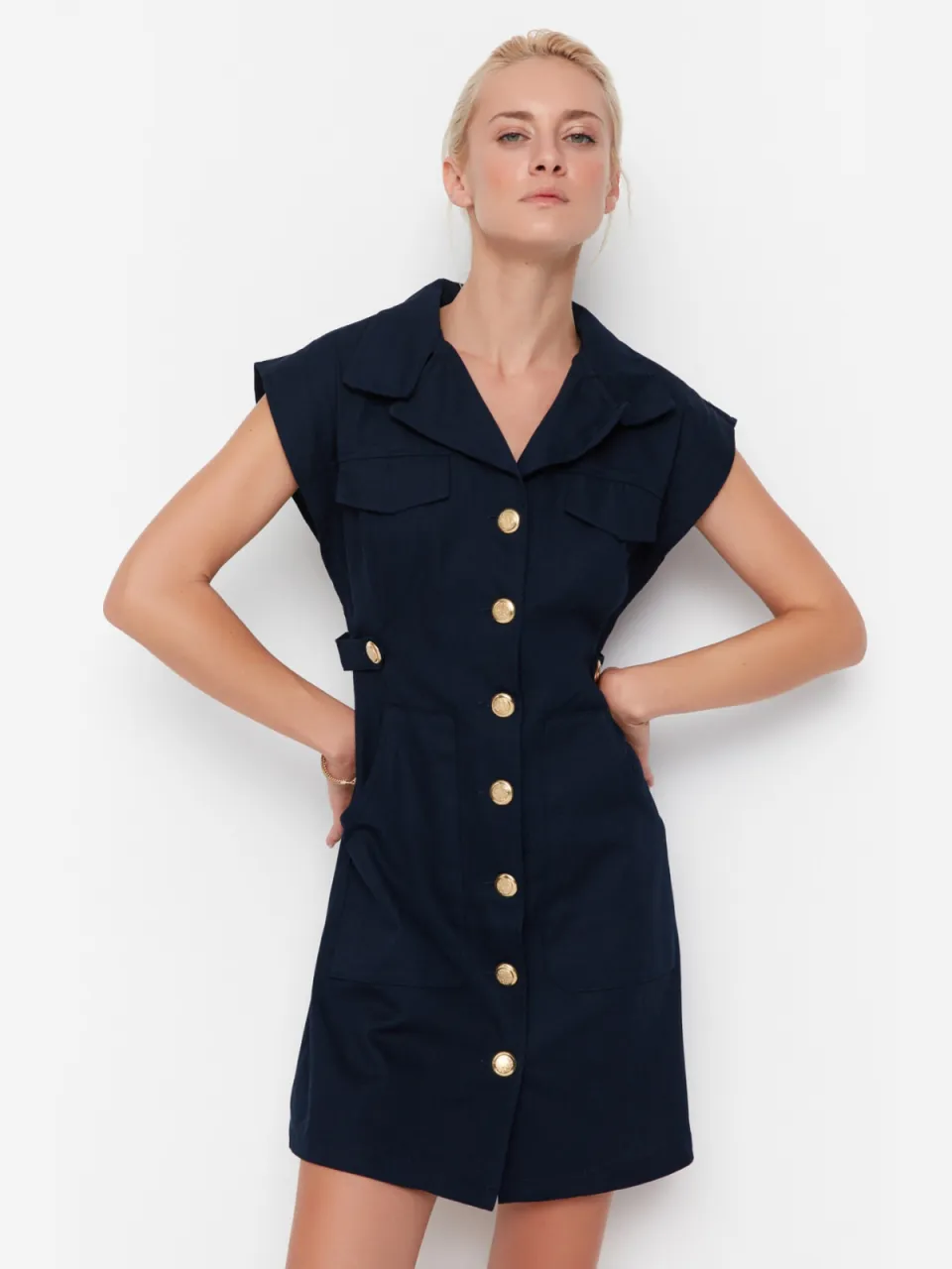 Trendyol TRENDYOLMİLLA Dames Donkerblauw Effen Kort / Mini Mouwloos Casual Blazer Jurk Jurken Marineblauw/Blauw