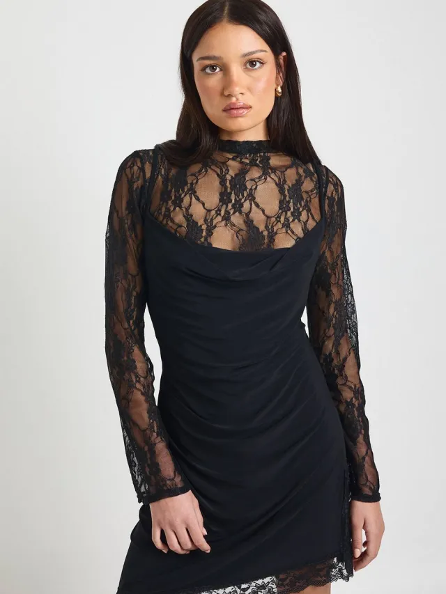 boohoo Dames Kanten Hoge Hals Wijde Mouw Jurk Met Slinky Cowl Cami zwart, foto 2