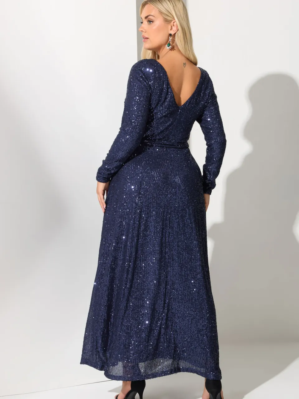 Yours London Maxijurk Met Lange Mouwen En Paillettenversiering In Donkerblauw blauw, foto 3