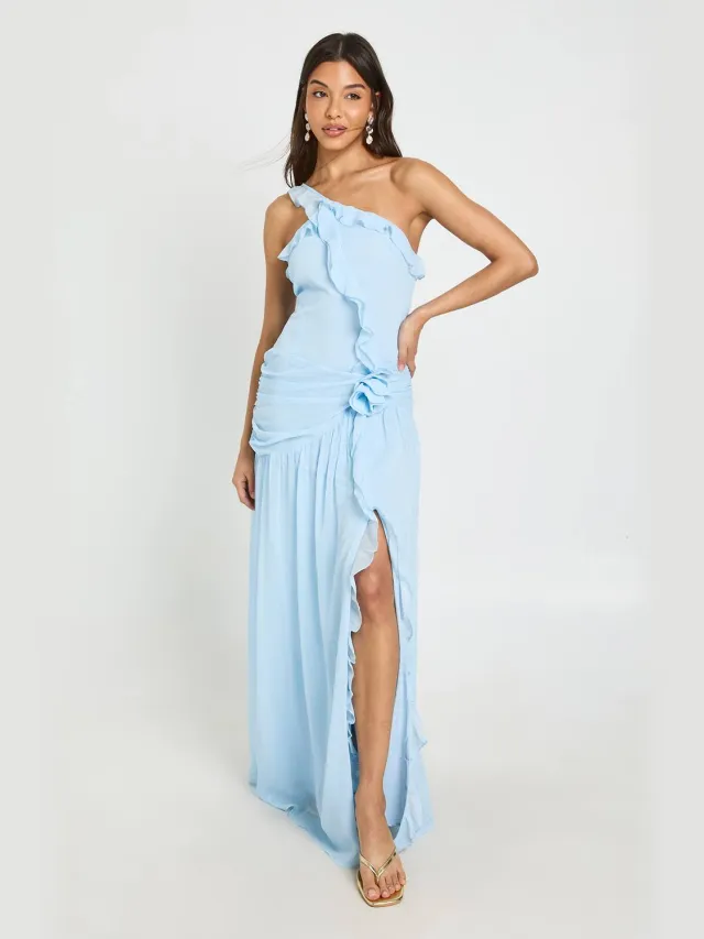 boohoo Dames Maxi Jurk Met Ruches Detail Pastelblauw