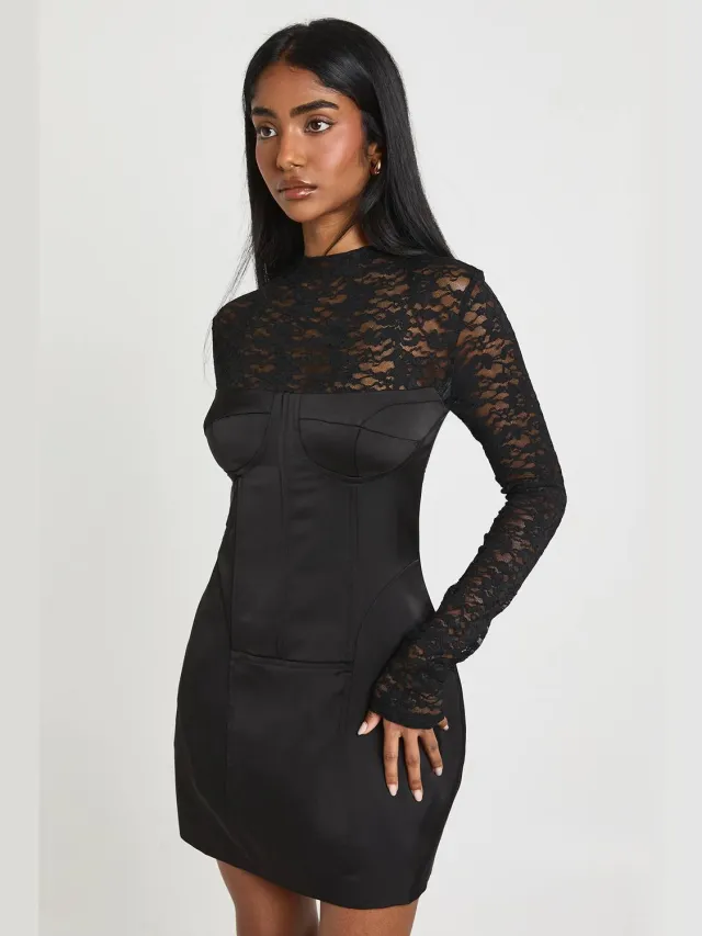 boohoo Dames Kanten Hoge Hals Korset Mini Jurk Zwart