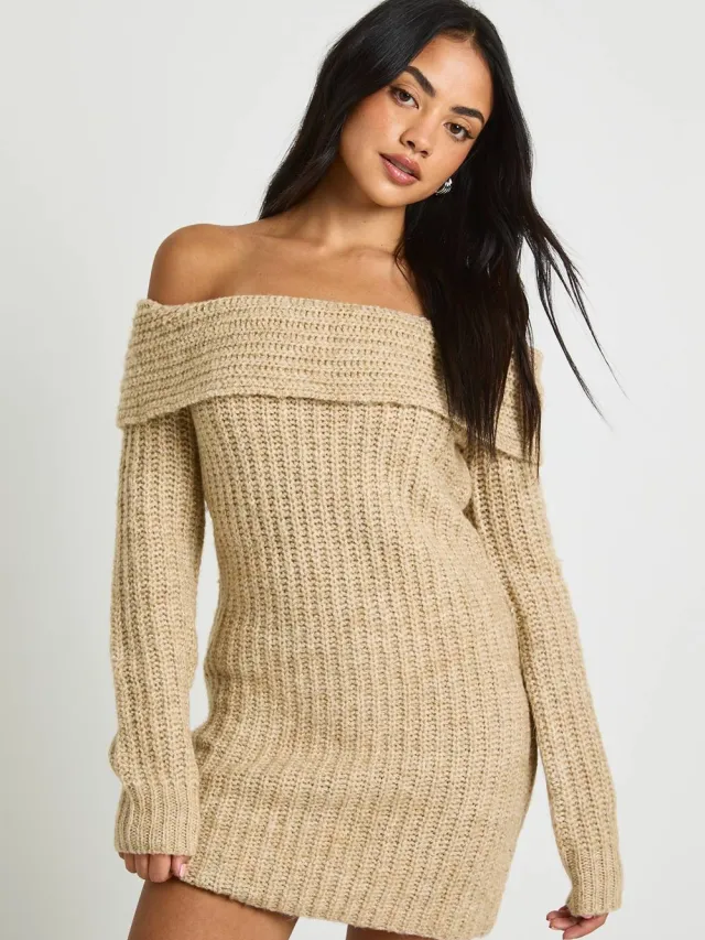 boohoo Dames Chunky Gebreide Bardot Mini Jurk Crème
