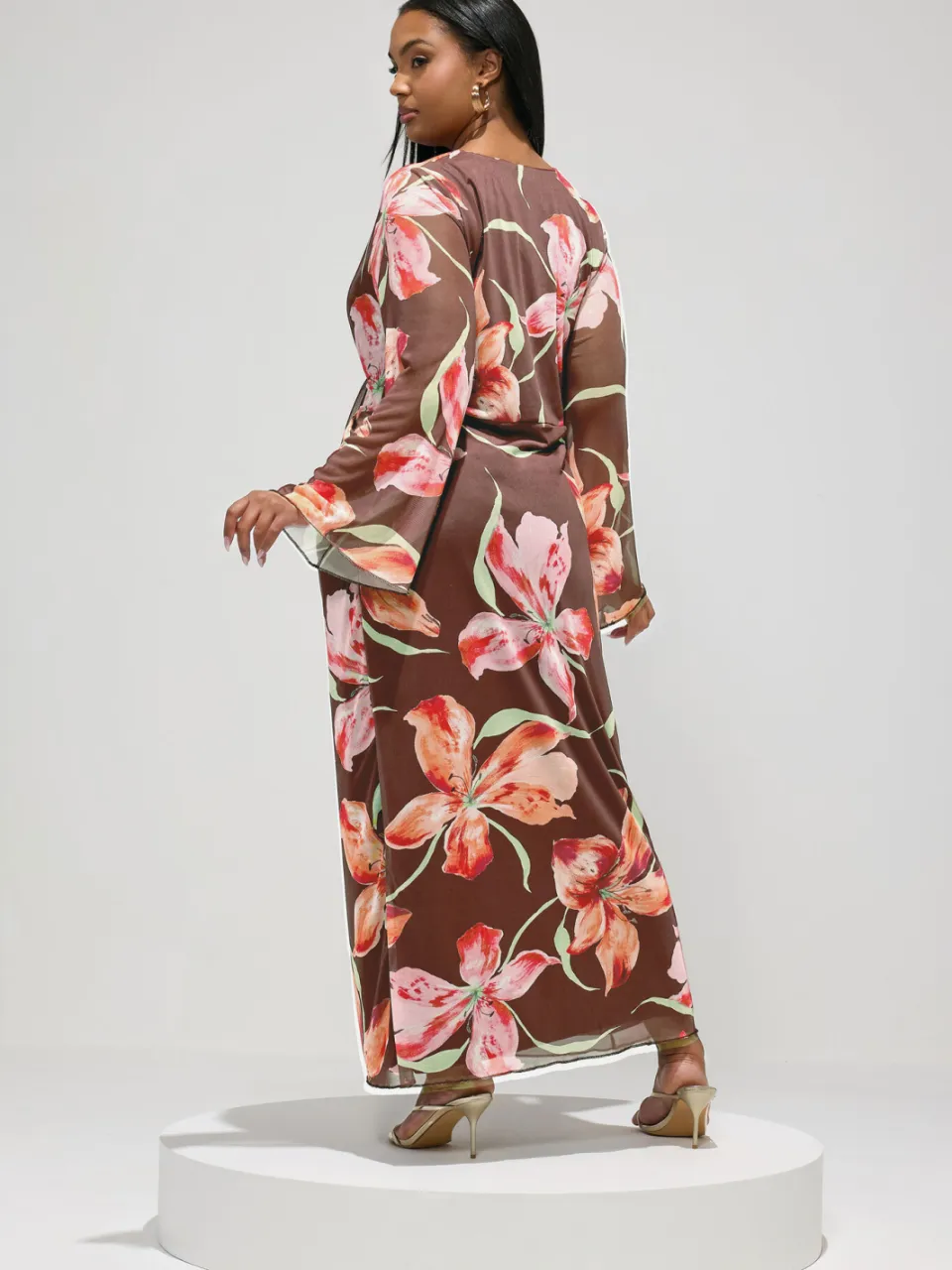 Yours London Bruine Mesh Maxijurk Met Bloemenprint, foto 4