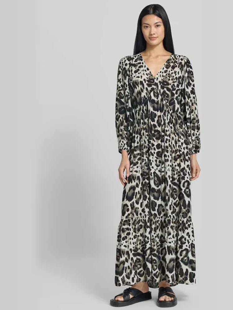 monari maxi-jurk van viscose met volantzoom Donkerbruin