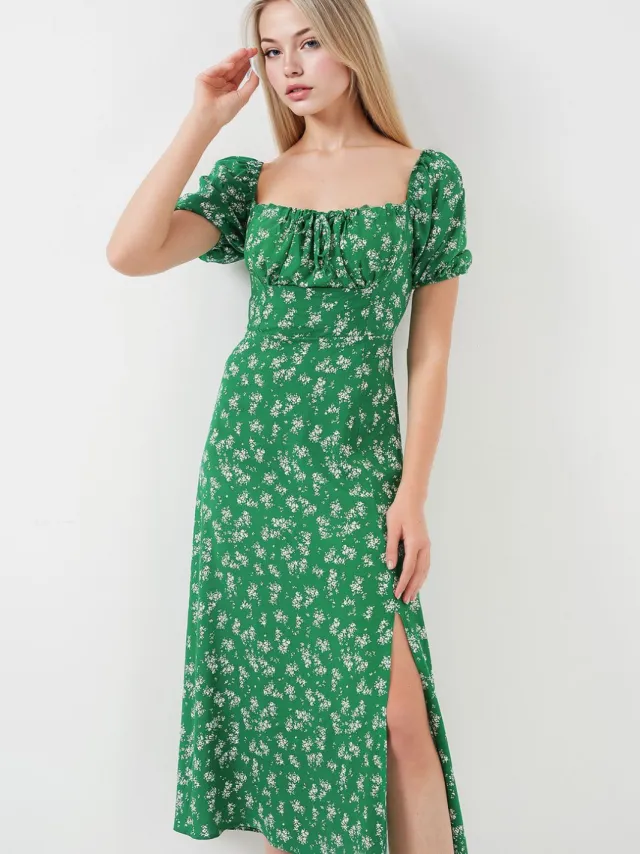 Big Dart Bloemenprint Midi-jurk met Strik Smaragd