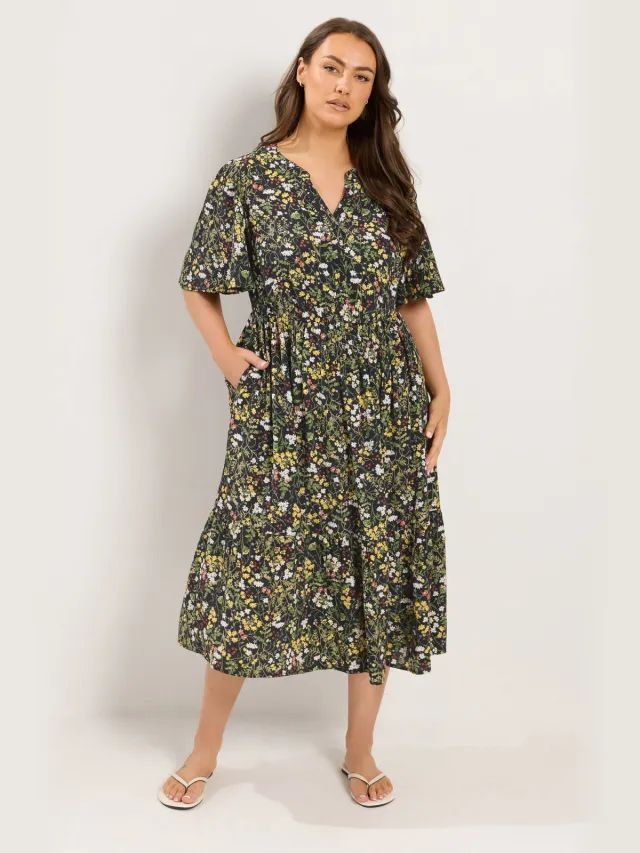 Yours Zwarte Midijurk Met Bloemenprint En Knoopsluiting Black