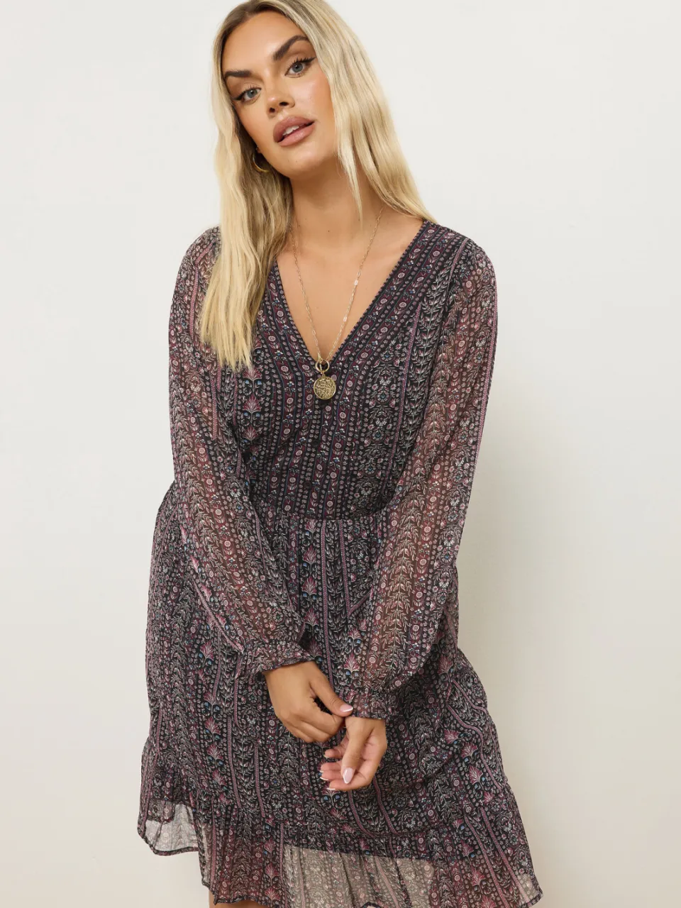 Yours Paarse Bloemen Paisley Smock Minijurk-52, foto 2