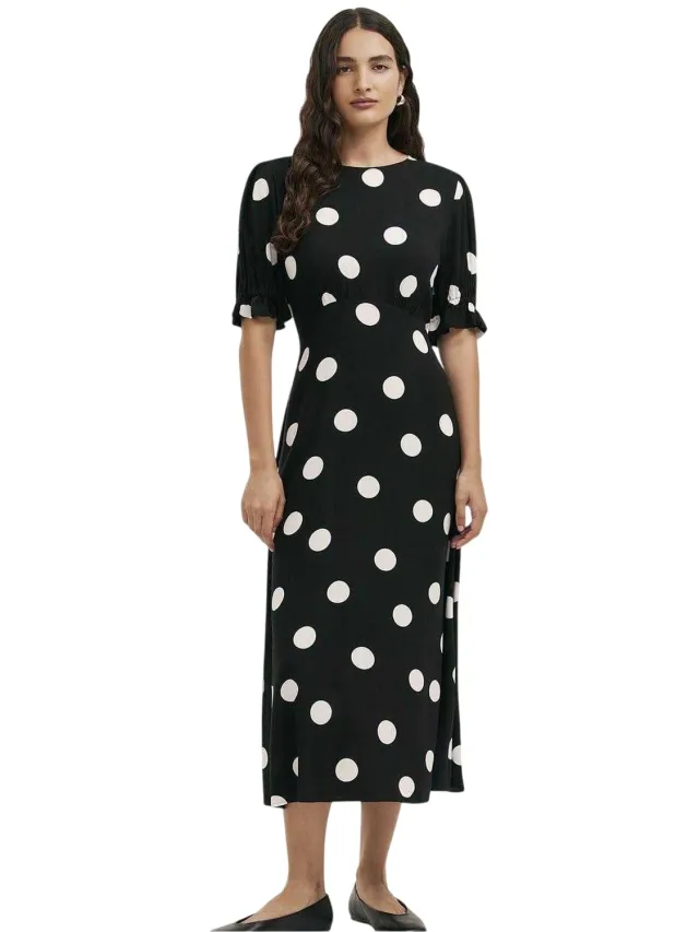 Finery Mela midi-jurk met polkadots en ronde hals voor dames (Zwart)