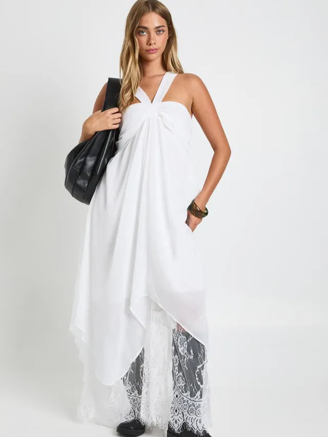 boohoo Dames Chiffon Kant Mix Halterneck Maxi Jurk ivoor, foto 2