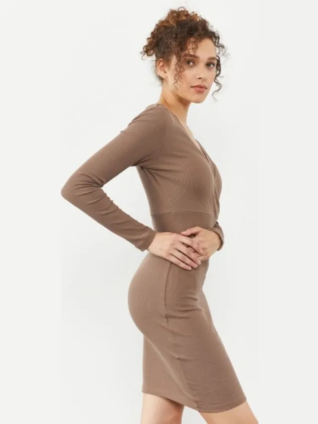 Tommy Life Geribbelde Bodycon Midi Jurk met V-Hals beige, foto 2
