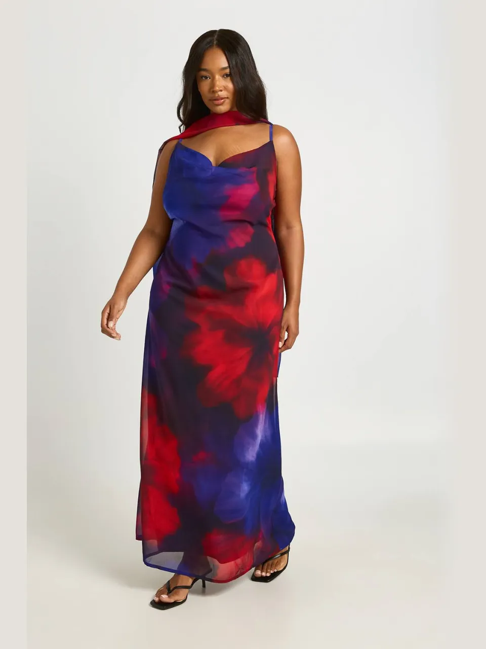 boohoo Dames Plus Bloemen Chiffon Cowl Hals Maxi Jurk druif, foto 3