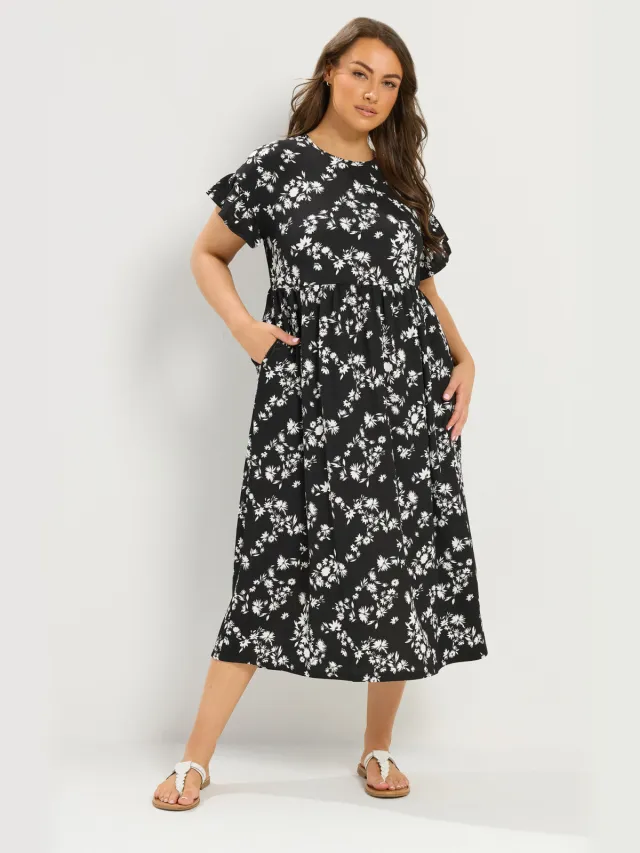 Yours Zwarte Maxijurk Met Bloemenprint En Volantmouwen Black