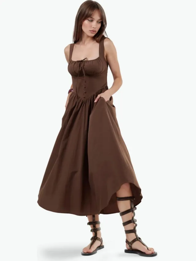 Busem Midi-jurk met vierkante kraag en knoopdetails Bruin
