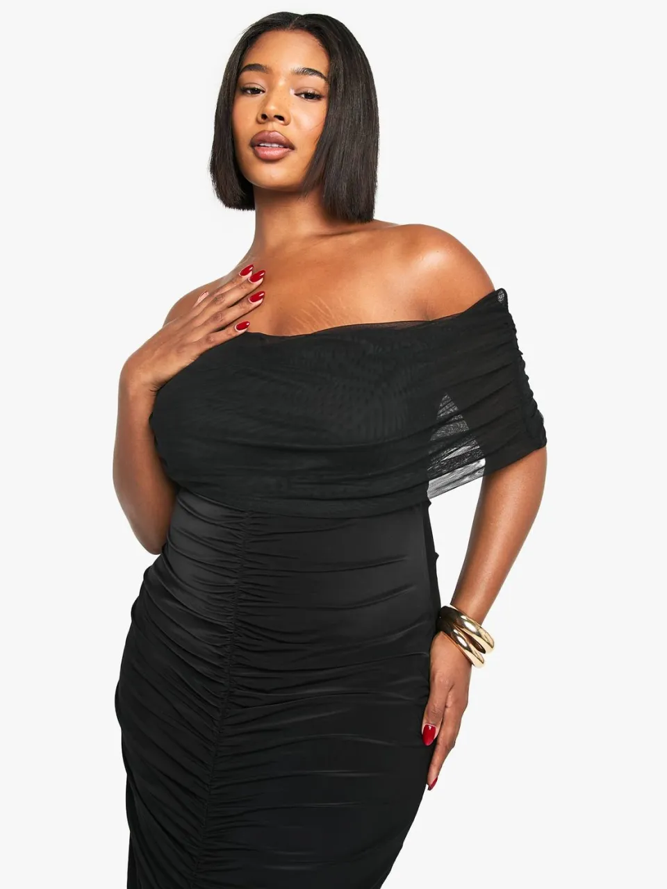 boohoo Dames PLUS MESH BARDOT GERUCHED MAXI-JURK zwart, foto 2