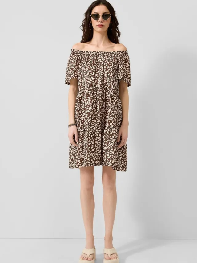 QS female - Jurk van viscose-mix met carmenhalslijn donkerbruin