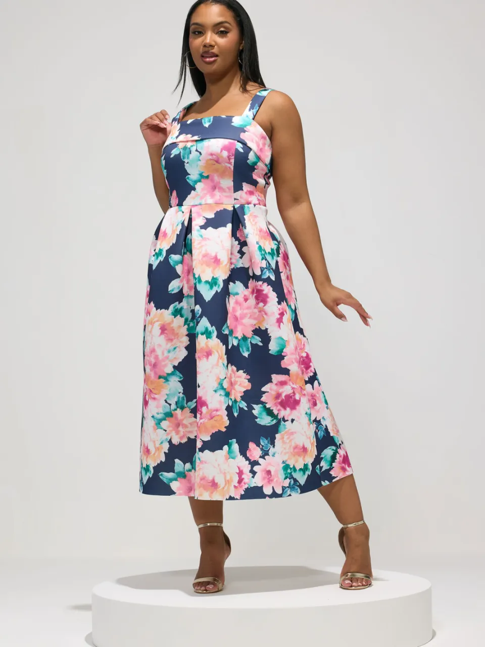 Yours London Marineblauwe Midiskaterjurk Met Bloemenprint Blue