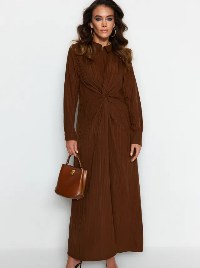 Trendyol Modest Dames Bruin Effen Maxi Lang Casual Recht Modest Jurken
