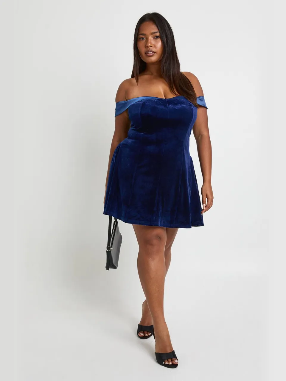 boohoo Dames Plus fluwelen contrast skaterjurk marineblauw, foto 3