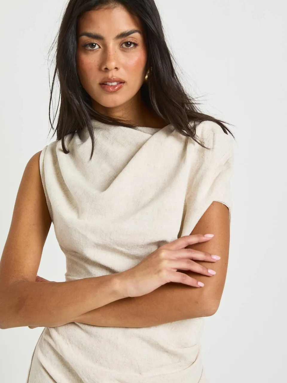 boohoo Dames Linnen Look Drapeer Geruched Mini Jurk natural, foto 4