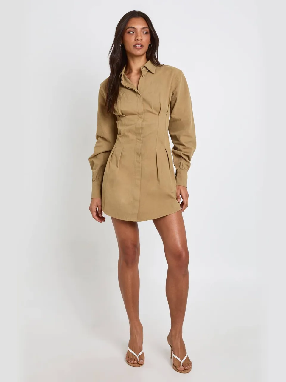 boohoo Dames Lange Blousejurk Met Hoge Kraag En Lange Mouwen olijf, foto 3