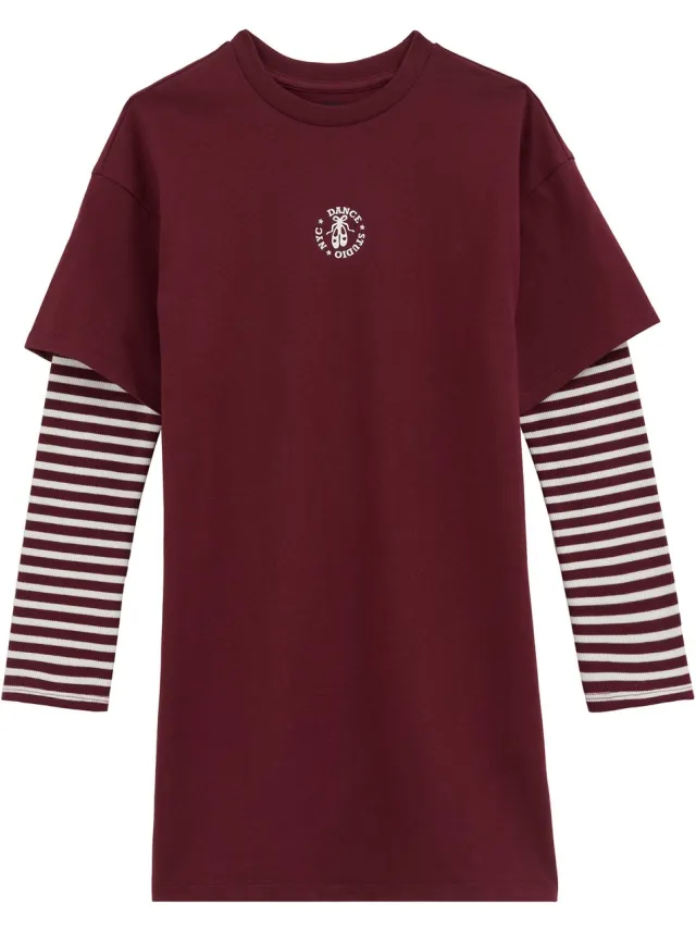 WE Fashion Meisjes T-shirt met print en dubbele mouw Burgundy red