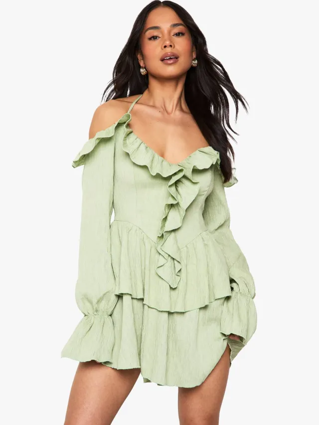 boohoo Dames Crinkle Ruffle Gelaagde Mini Jurk Verstandig