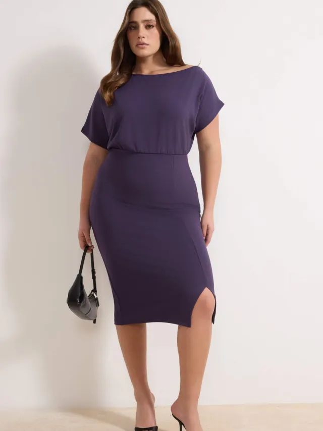 Trendyol Curve Dames Paars Effen Midi Kort Feest Bodycon Grote maten Jurk