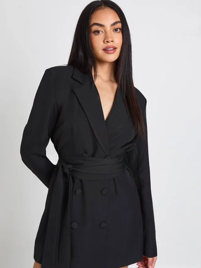 boohoo Dames Obi Strikceintuur Getailleerde Blazer Jurk Zwart