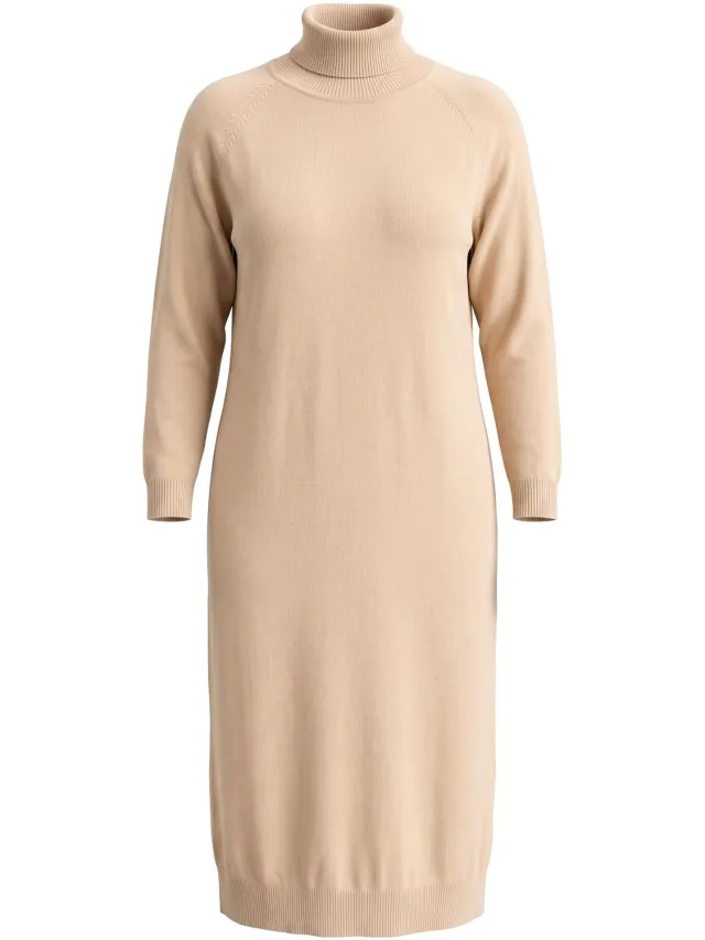 MIAMODA Dames - Gebreide maxi-jurk losse pasvorm col lange mouwen - Natuurbeige - Maat 50+