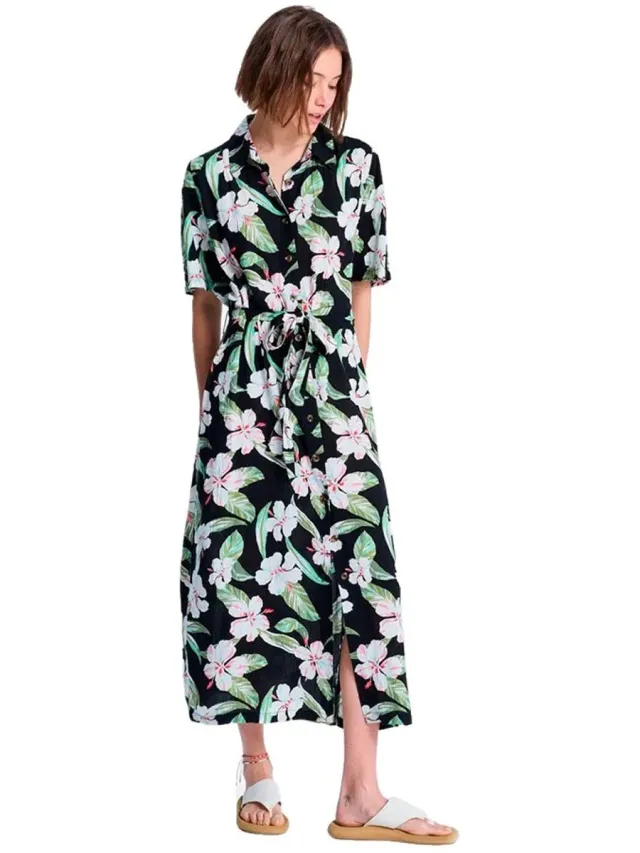 Roxy Island Escape Printed Midi-jurk Met Korte Mouwen Zwart L Vrouw Anthracite Spring Charming