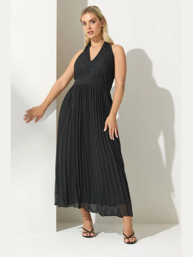 Yours London Maxijurk Met Halternek En Plooirok In Zwart Black