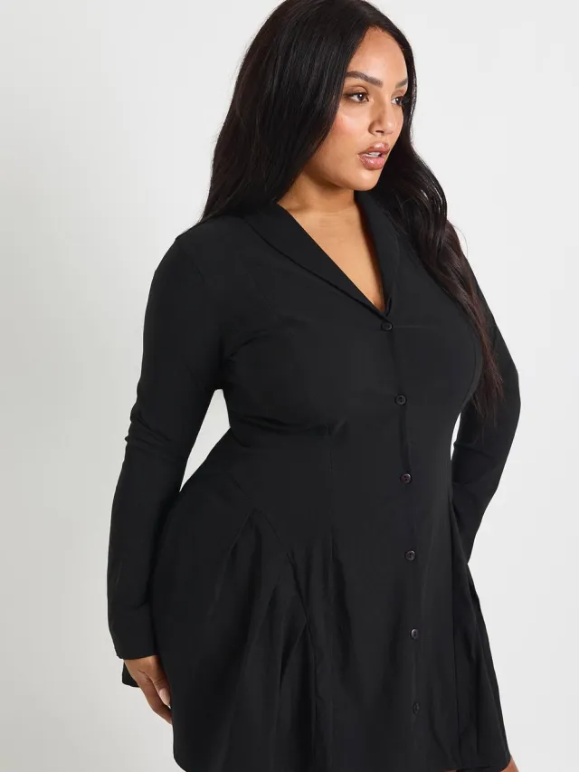 boohoo Dames Plus blazerjurk met lange mouwen en knoopsluiting Zwart