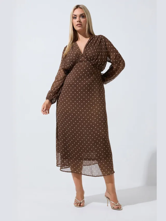 Yours Chocoladebruine Chiffonjurk Met Stippen En Strikdetail Brown