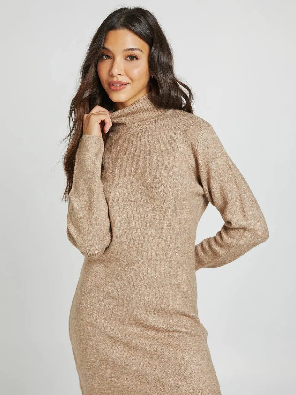 boohoo Dames High Neck Super Soft Gebreide Mini Jurk hazelnoot, foto 3