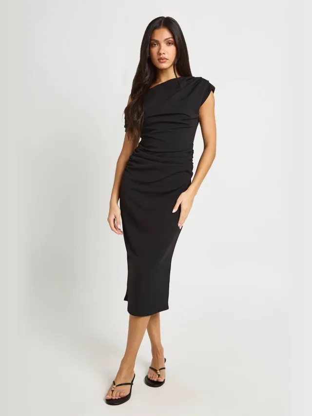 boohoo Dames Crepe Midi-jurk Met Asymmetrische Halslijn En Drapering Zwart