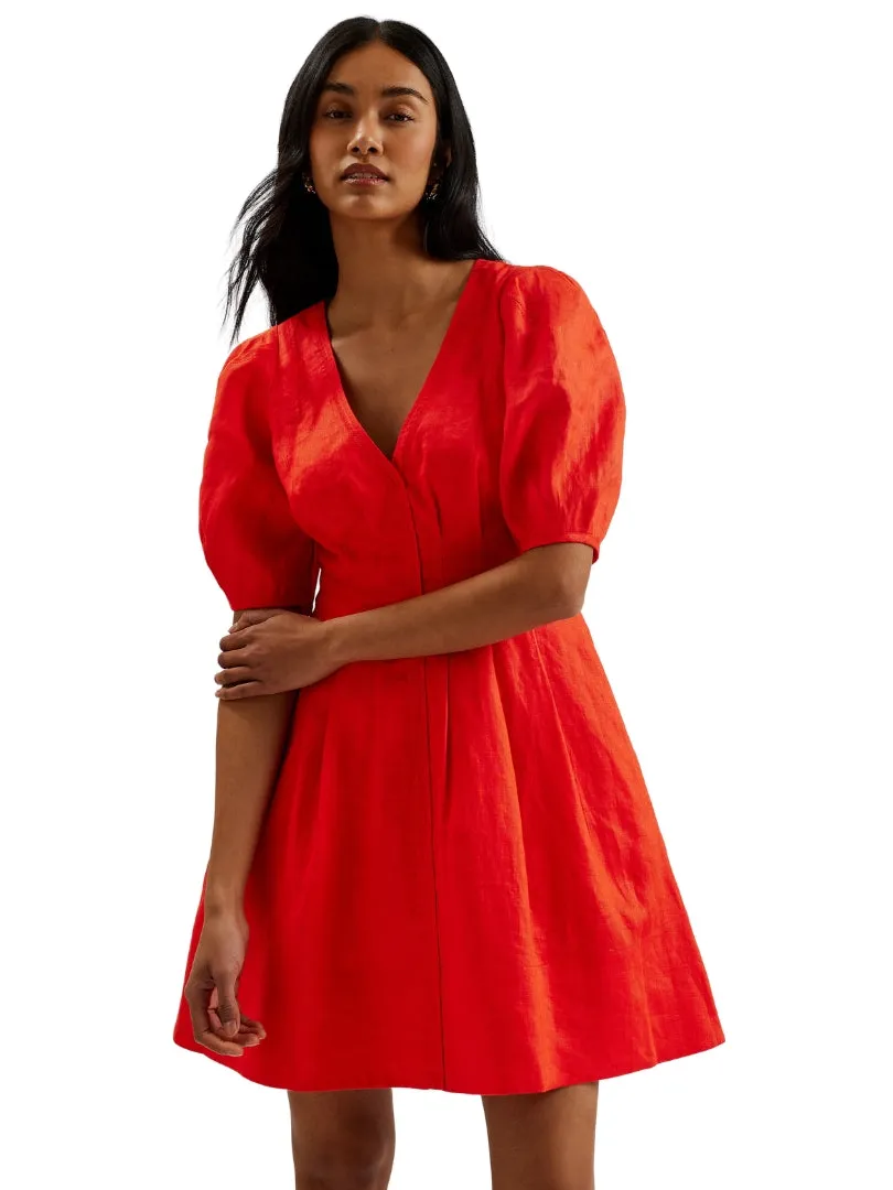 Ted Baker Koyo Linnen Mini-jurk Met Pofmouwen In Rood Oranje