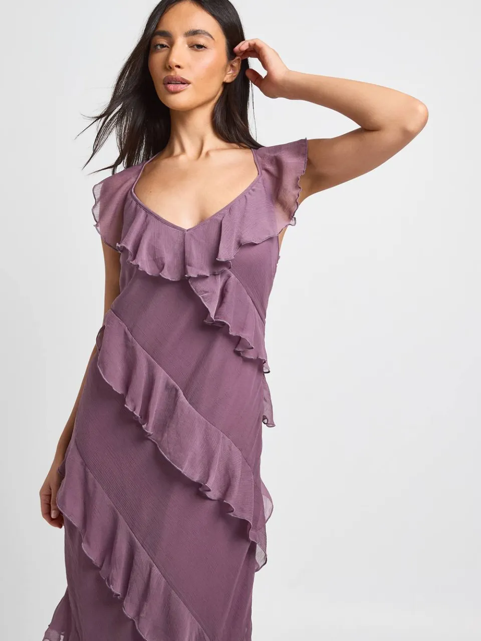 boohoo Dames Chiffon Maxi Jurk Met Ruche Detail mauve, foto 3