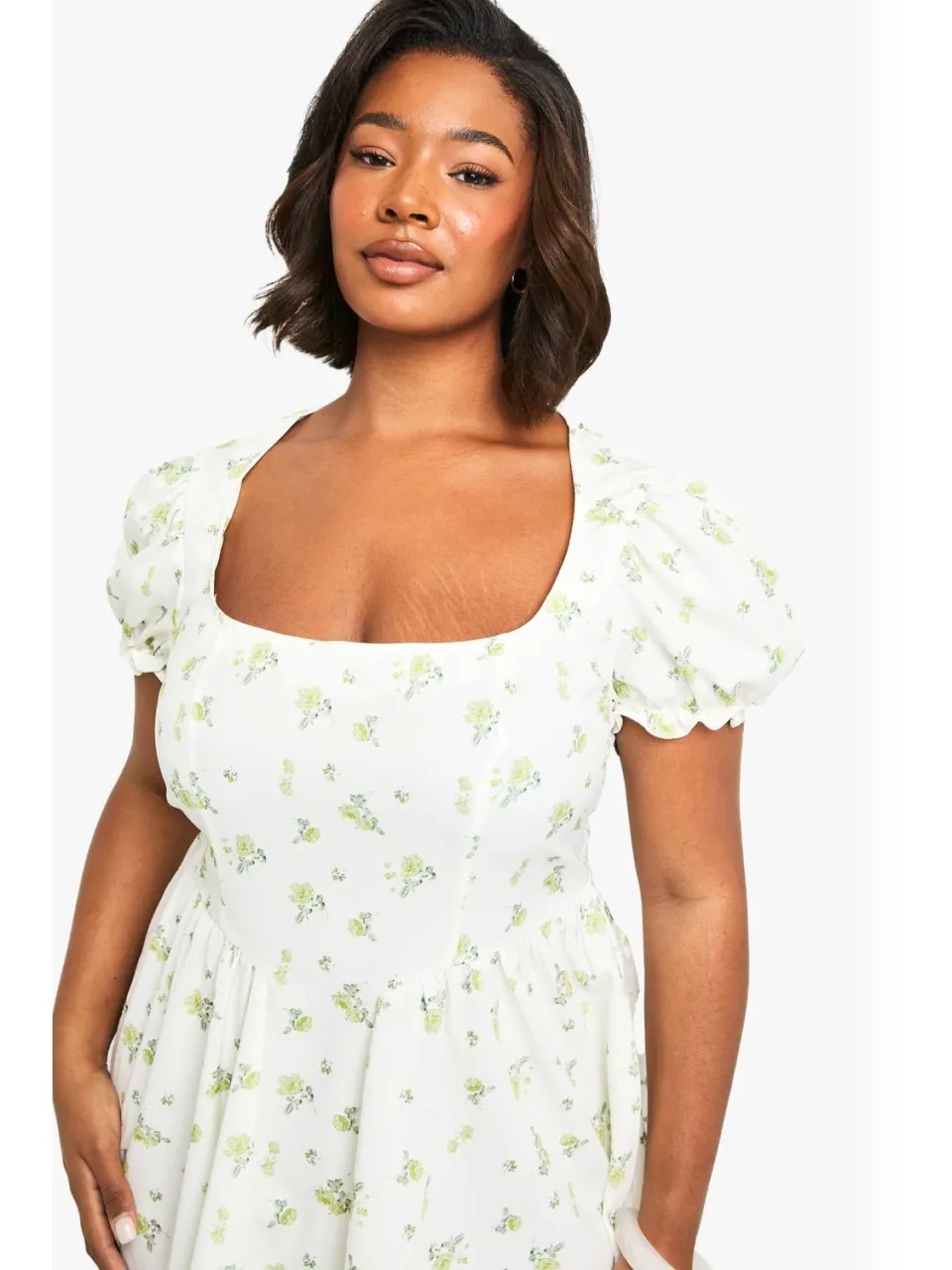 boohoo Dames PLUS PUFF MOUW DITSY MELKMEISJE JURK ivoor, foto 3