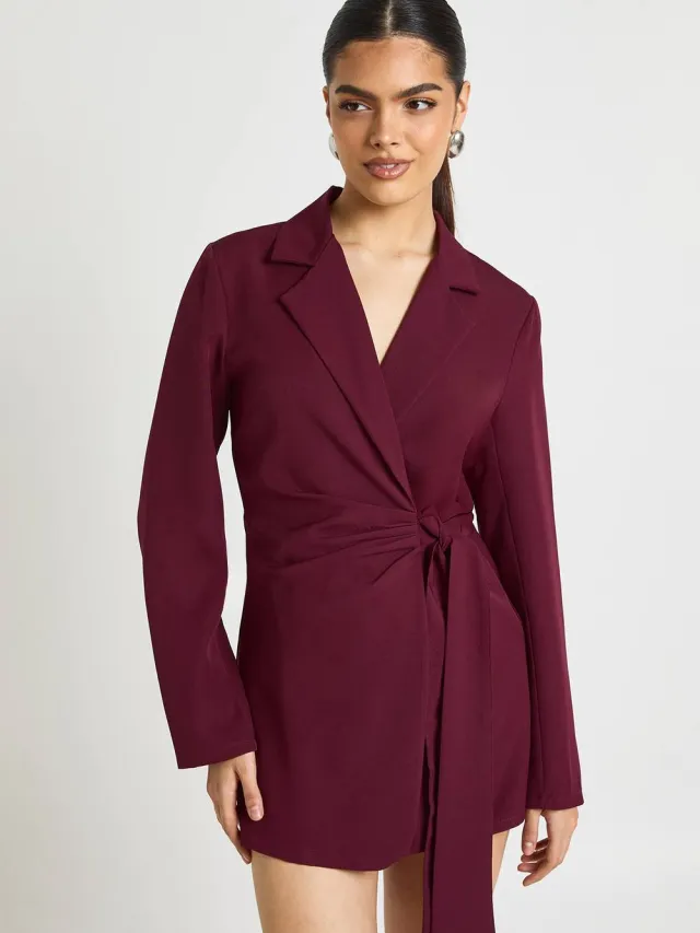 boohoo Dames Wikkel Drape Voorkant Getailleerde Blazer Jurk bordeaux rood, foto 2