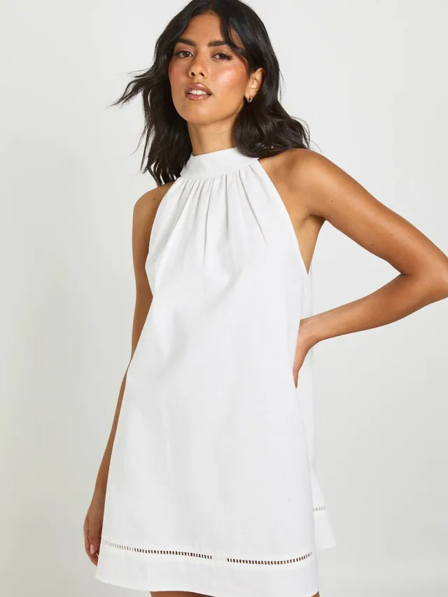 boohoo Dames Mini Jurk Met Hoge Halslijn En Ladder Inzetstuk Ivoor