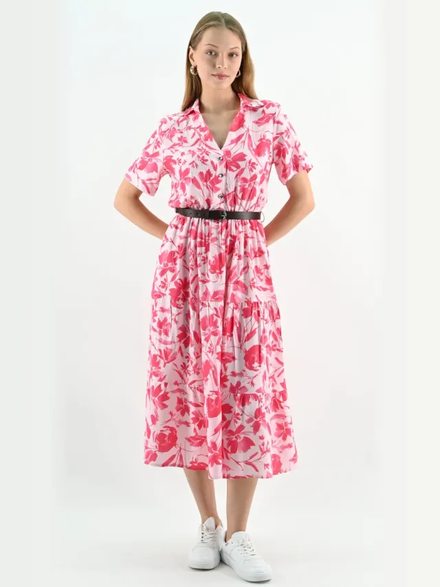 YESMOOI Midi Blousejurk met Ceintuur - Roze Bloemenprint - XL (42)