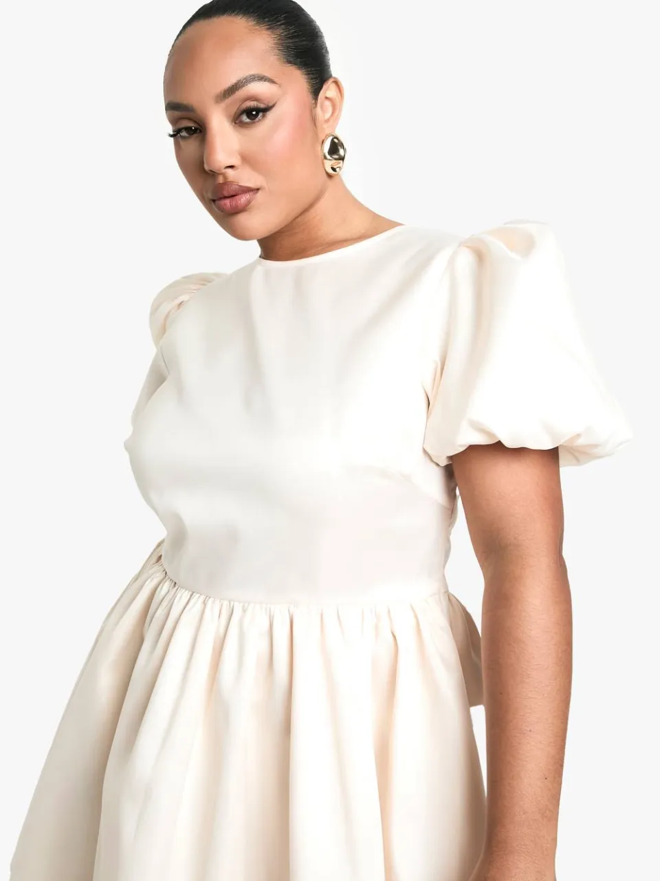 boohoo Dames Plus Taffeta Boog Rug Pofmouwen Skaterjurk ivoor, foto 4