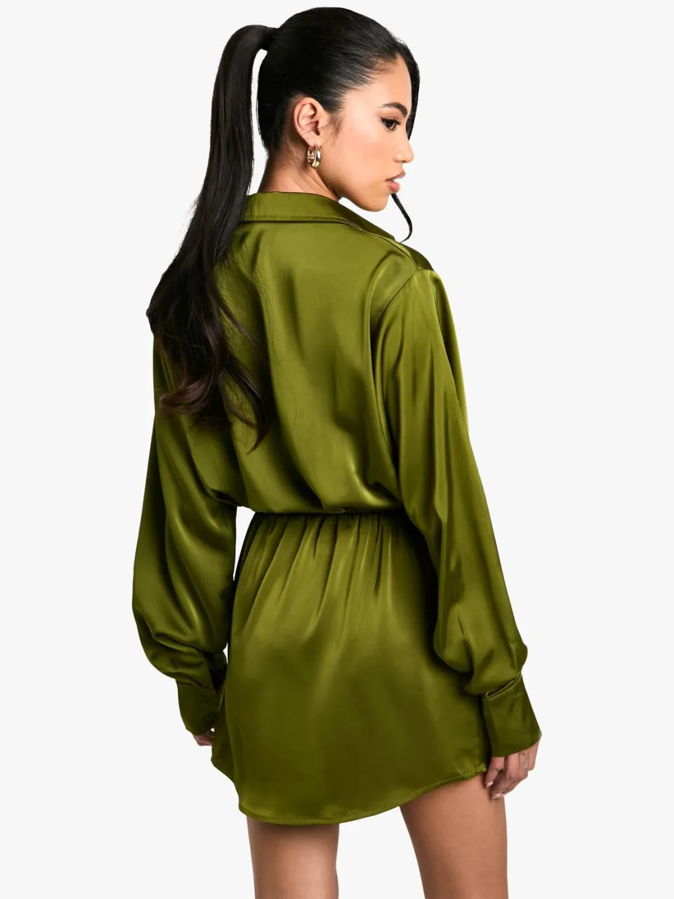 boohoo Dames Satijnen Overhemd Mini Jurk kaki, foto 3
